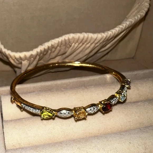Gold Tone Multi Gem Amethyst Garnet Citrine Peridot Aquamarine Bangle Bracelet - Picture 8 of 14